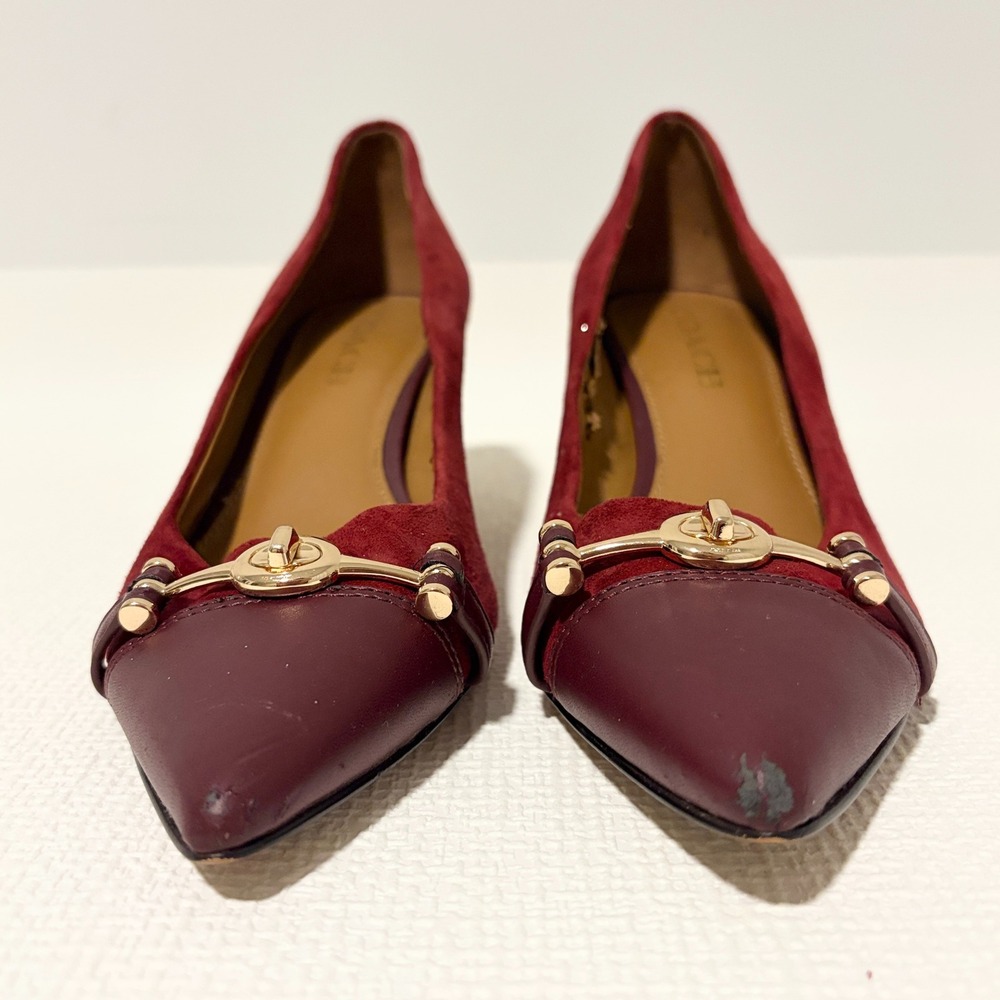 Coach Womens Burgundy Suede Leather Pointed Toe Turnlock Kitten Heel Pumps 8B - Picture 2 of 12